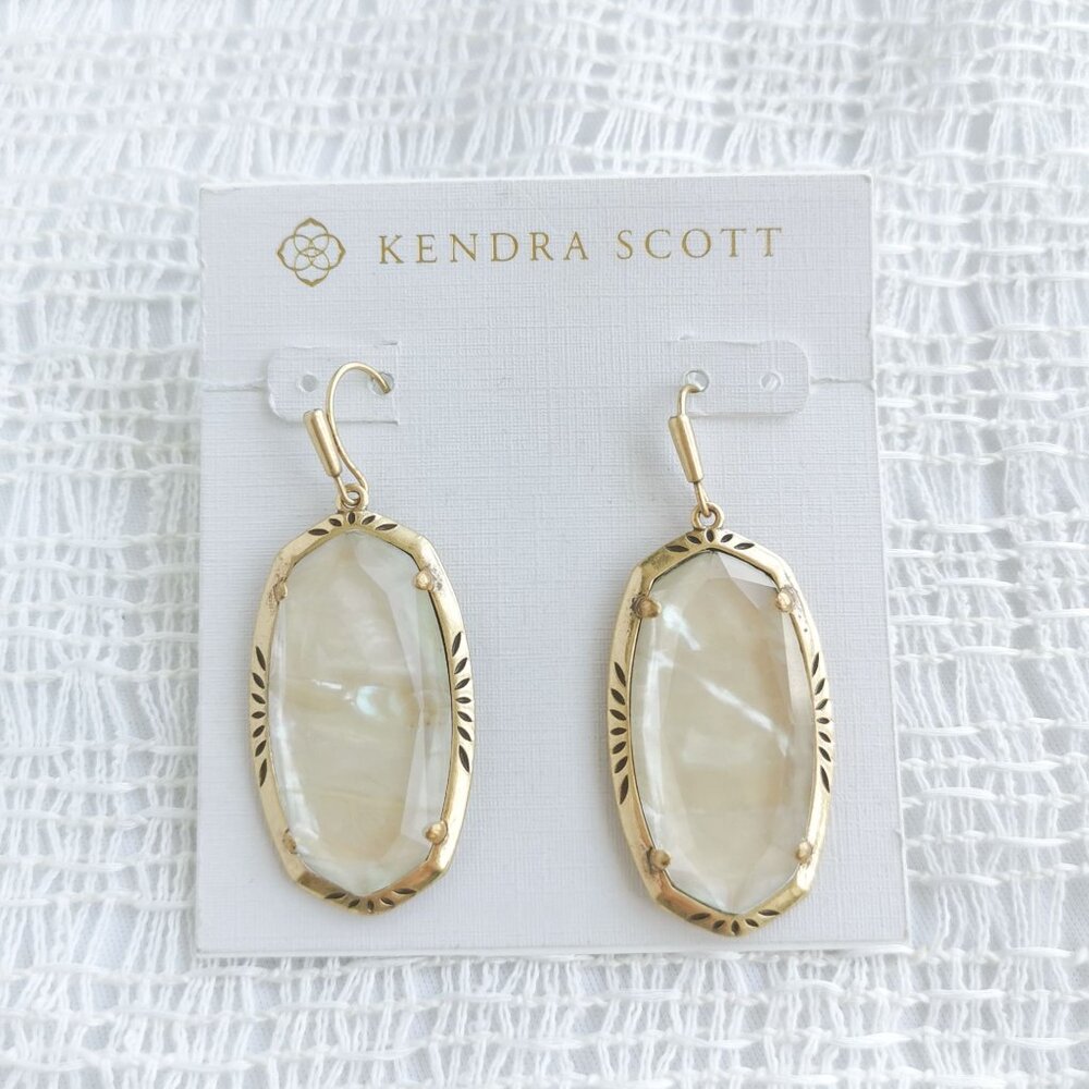 NEW Kendra Scott Elle Vintage Gold Iridescent Abalone Etch Frame Drop Earrings